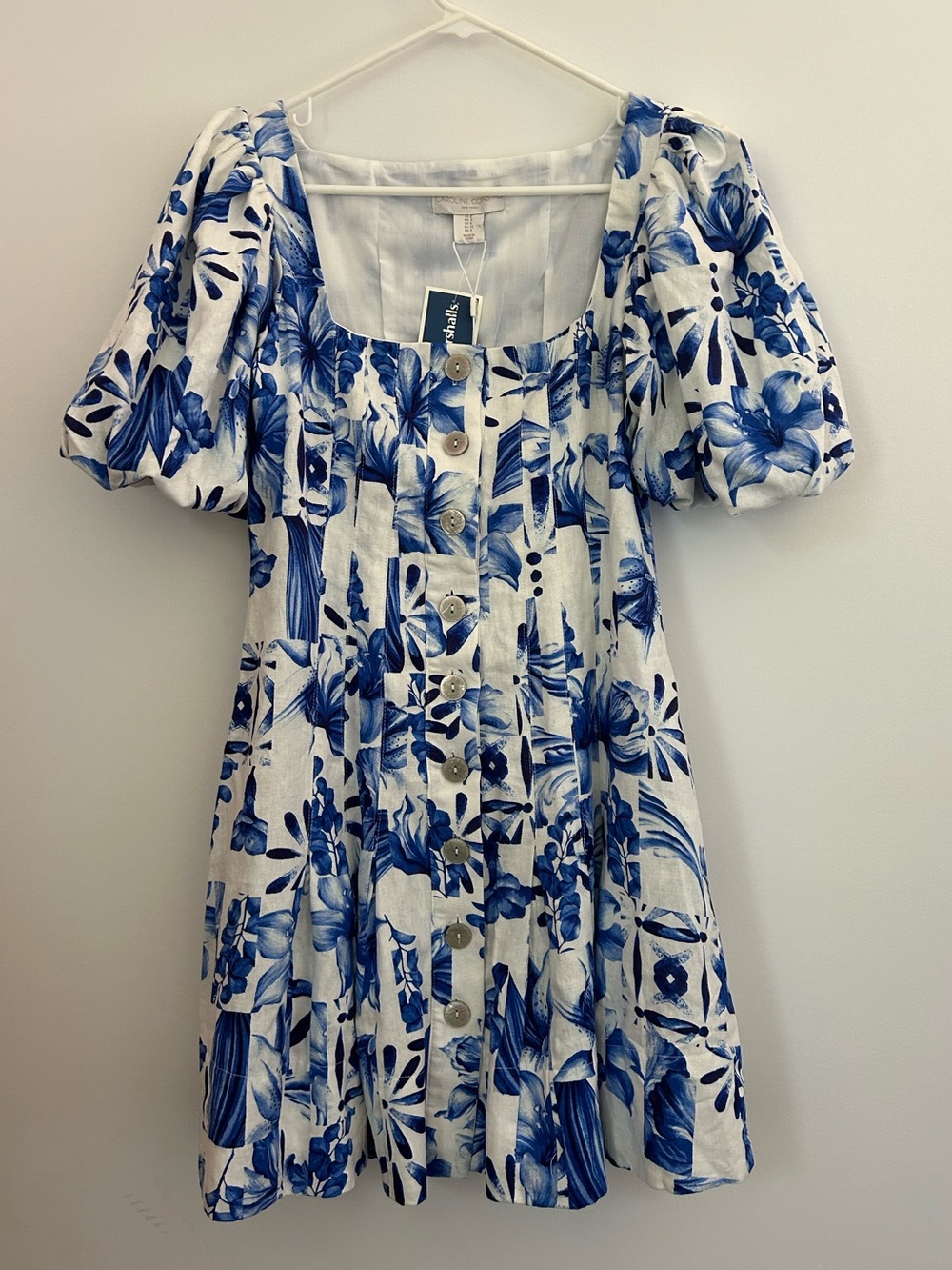 Caroline Constas Blue & White Floral Puff Sleeve Button Front Mini Dress NWT